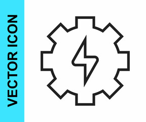 Black line Gear and lightning icon isolated on white background. Electric power. Lightning bolt sign. Vector