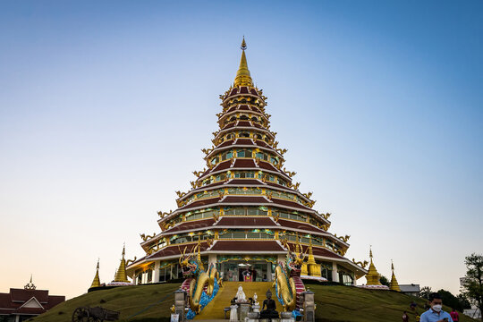 Chiang Rai, Thailand - January, 09, 2022 : 9 Floor Pagoda And A Beautiful At Wat Huay Pla Kang Buddhist Temple. Landmark Of Chiang Rai. Located In Thailand.