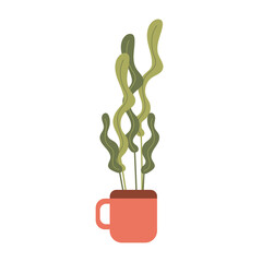 Green houseplant in a mug. Flat vector isolated illustration of a potted plant