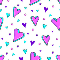 Colorful seamless pattern of heart in memphis style. Vector love background retro vintage 80s or 90s style.