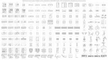 Fototapeta na wymiar PC Components Icon Set - VERSION 3 (160 icons + hidden extras) - ALL fully editable - for custom built & water cooled computers (in .ai Illustrator format)