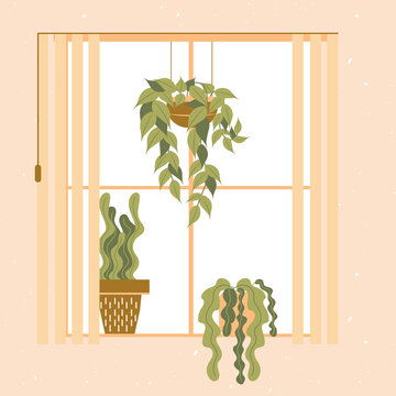 Window in a room with green houseplant on the windowsill. Flat vector isolated vector illustration