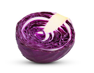 Red cabbage cut in half on white background.
