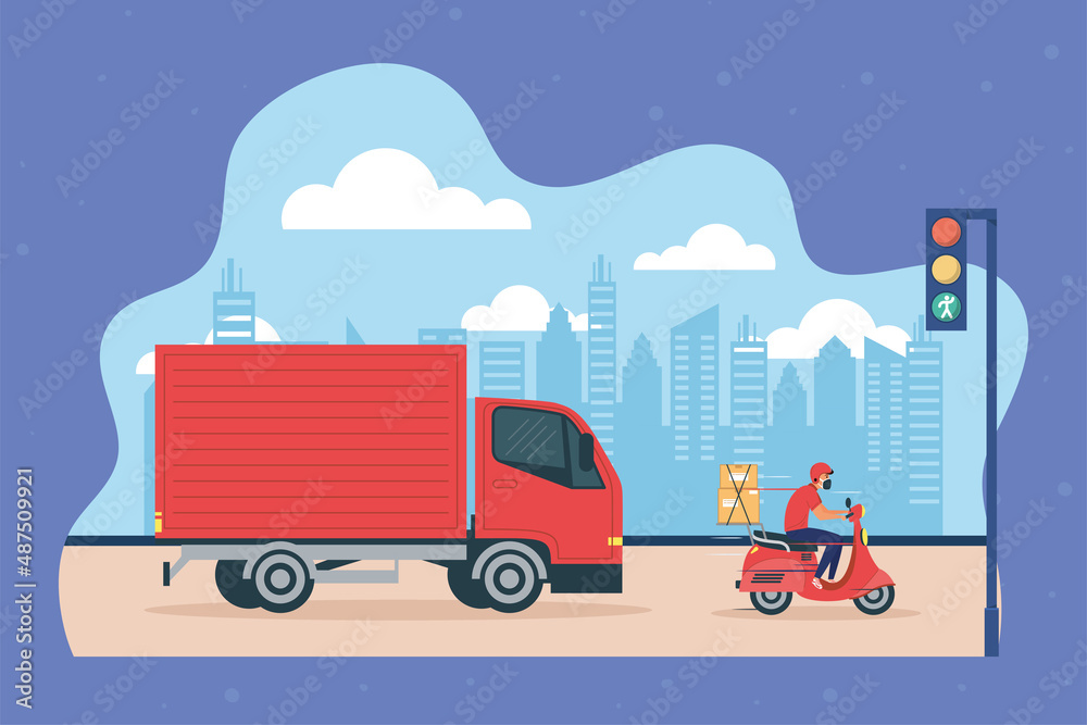 Poster courier with truck and motorcycle