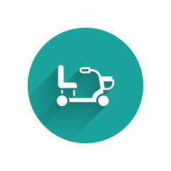 White Electric wheelchair for disabled people icon isolated with long shadow. Mobility scooter icon. Green circle button. Vector