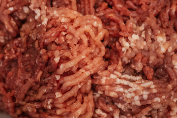 Fresh raw minced meat, ground beef background. Animal product, fresh meat. Production and consumption factory of meat pork, lamb, chicken. Culinary cooking ingredients recipe nutrient. Chopped Food