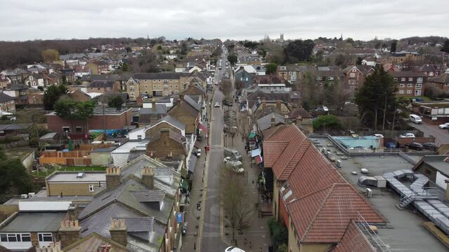 Buckhurst Hill , Essex UK drone Aerial pan footage of queens road area