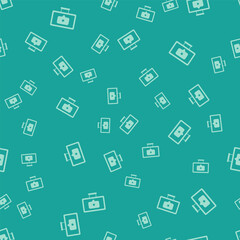 Green Monitor with star icon isolated seamless pattern on green background. Favorite, best rating, award symbol. Vector