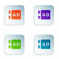 Color Advertising icon isolated on white background. Concept of marketing and promotion process. Responsive ads. Social media advertising. Set colorful icons in square buttons. Vector