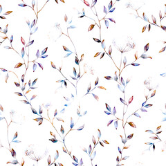 Vintage faded floral seamless pattern white background. Pastel color flowers, leaves botanical repeat print. Retro elegant design.