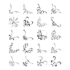 Set of 20 hand drawn frame corners. Various design elements for greeting cards, wedding invitations. Vector illustration on white background.