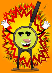Magnifier is trying to scare you. Cartoon Character science research object, analysis, business, examination, optics concept.