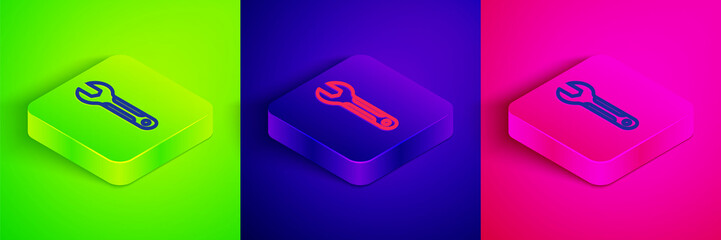 Isometric line Wrench spanner icon isolated on green, blue and pink background. Spanner repair tool. Service tool symbol. Square button. Vector