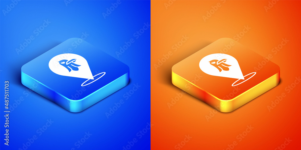 Sticker Isometric Eagle icon isolated on blue and orange background. American Presidential symbol. Square button. Vector