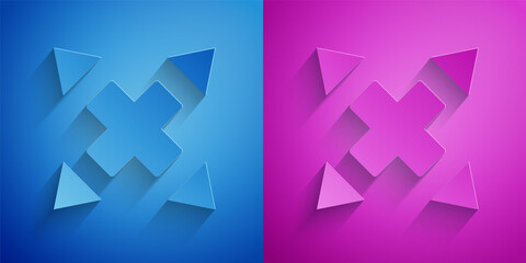 Paper cut Many ways directional arrow icon isolated on blue and purple background. Paper art style. Vector