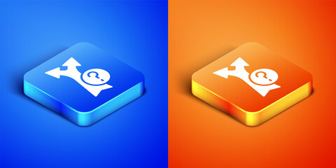 Isometric Arrow icon isolated on blue and orange background. Direction Arrowhead symbol. Navigation pointer sign. Square button. Vector