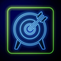Glowing neon Target financial goal concept icon isolated on blue background. Symbolic goals achievement, success. Vector