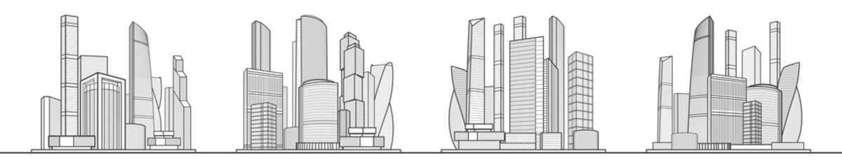 Modern town. Urban city complex. Business center. Infrastructure outlines illustration set. Black lines on white background. Vector design art 