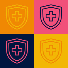Pop art line Life insurance with shield icon isolated on color background. Security, safety, protection, protect concept. Vector