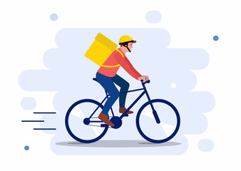 Courier on bicycle with trunk case box. Liquid abstraction background. Design element for banner, poster, advertising, promo. Food delivery app concept cartoon vector illustration. Flat