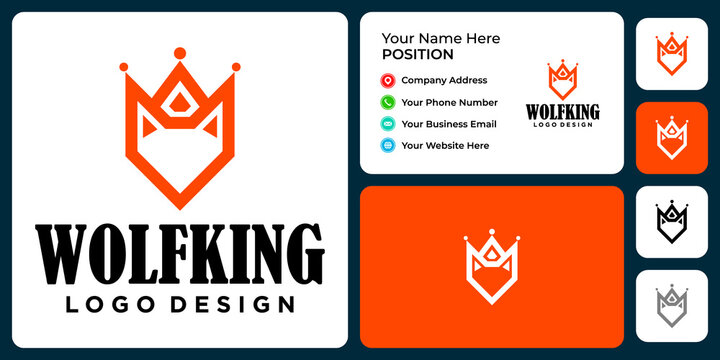 Wolf and crown logo design with business card template.
