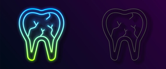 Glowing neon line Broken tooth icon isolated on black background. Dental problem icon. Dental care symbol. Vector