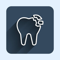 White line Broken tooth icon isolated with long shadow background. Dental problem icon. Dental care symbol. Blue square button. Vector