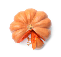 Sliced fresh ripe pumpkin on white background, top view