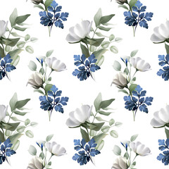 Floral seamless pattern on white background. Watercolor illustration with garden white, lilac flowers, leaves, eucalyptus. Botanic tile. Template design