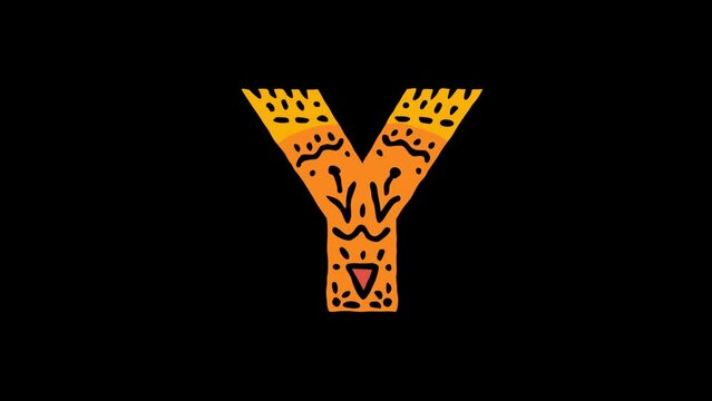 Letter Y. 4K, Transparent Alpha channel. Cartoon Animation, Shake twitch effect. Ethnic ornament, national folk pattern in letter. 3 colors. Capital Letter Y for ABC education, erudition, game.