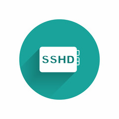 White SSHD card icon isolated with long shadow background. Solid state drive sign. Storage disk symbol. Green circle button. Vector