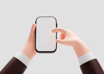 Hand holding smartphone and touch screen application social media and technology concept cartoon illustration 3D rendering