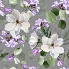 Floral seamless pattern on grey background. Watercolor illustration with garden white, lilac flowers, leaves, eucalyptus. Botanic tile. Template design