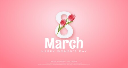 8 march women's day banner with tulip flower on pink background
