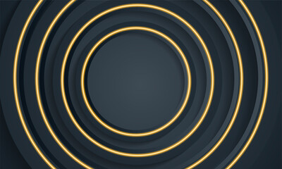 Luxury elegant 3D black circle shape frame element background with shiny golden line decoration.