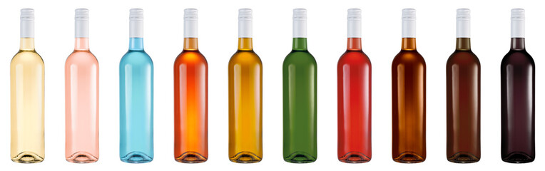 A set of wine bottles in different colors without a label with a screw cap. Isolated on a white background, suitable for mockups.