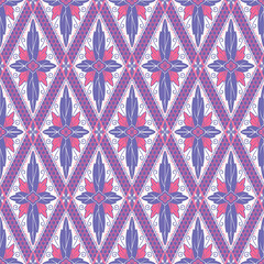 Pink Purple Flower on White. Geometric ethnic oriental pattern traditional Design for background,carpet,wallpaper,clothing,wrapping,Batik,fabric, illustration embroidery style - 487515376