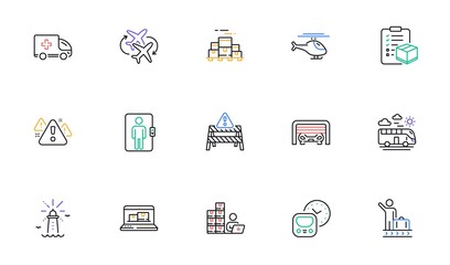 Boxes pallet, Warning and Warning road line icons for website, printing. Collection of Inventory, Bus travel, Parcel checklist icons. Luggage belt, Parking garage. Vector © blankstock