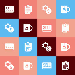 Set pop art Sell button, Contract money, Gear with dollar symbol and Cup of tea icon. Vector