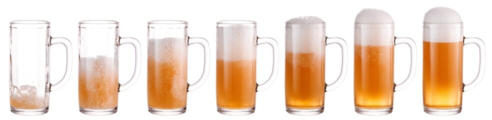Set of many beer glasses with different levels beer pouring and foam. Isolated on white background.