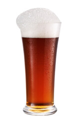 Frosty glass of dark beer with foam isolated on white background.