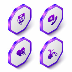 Set Isometric IV bag, Emergency call 911, Medical heart inspection and Wheelchair for disabled person icon. Purple hexagon button. Vector