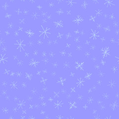 Hand Drawn Snowflakes Christmas Seamless Pattern. Subtle Flying Snow Flakes on chalk snowflakes Background. Awesome chalk handdrawn snow overlay. Positive holiday season decoration.
