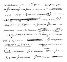 Vector unreadable handwriting, crossed out phrases. Exclamation points, underlining words in a sentence. Doodle illustration of unreadable text on a white background.