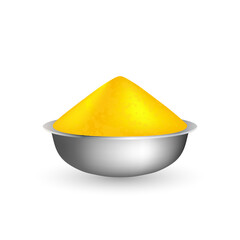 Yellow gulal (powder color) in bowl isolated on white. Decorative element for Holi festival design. Vector illustration
