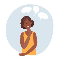 Thoughtful woman thinking or dreaming of something. Lot of ideas in her head. Girl with dream bubbles. Young African American Girl. Colored cartoon Vector illustration in Flat style