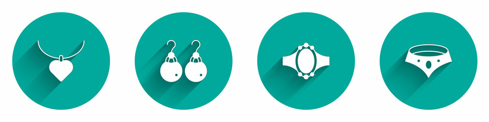 Set Necklace with heart shaped, Earrings, Diamond engagement and icon with long shadow. Vector