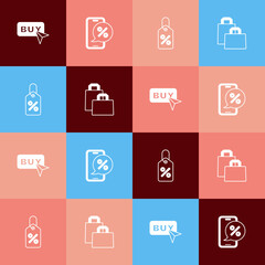 Set pop art Buy button, Percent discount phone, Discount percent tag and Paper shopping bag icon. Vector