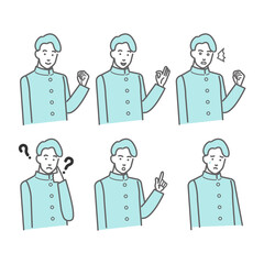 学ランをきた感じのいい男子中学生の表情やポーズのバリエーションのセットの白バックの線画