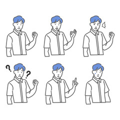 夏の制服を着た男子校生の表情やポーズのバリエーションのセットの白バックの線画